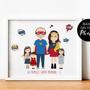 Personalisiertes Familienportrait als Geschenkidee zum Vatertag, illustriertes Familiengemälde zum Thema Superhelden