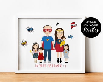 Personalized family portrait as a gift idea for Father's Day, illustrated family painting on the Superhero theme