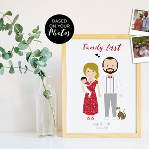 May include: A framed illustration of a family with a cat. The illustration is in a cartoon style and features a man, woman, and child. The text "Family first" is at the top of the illustration. The text "Bonne f&ecirc;te Papa 16-06-2019" is at the bottom of the illustration.