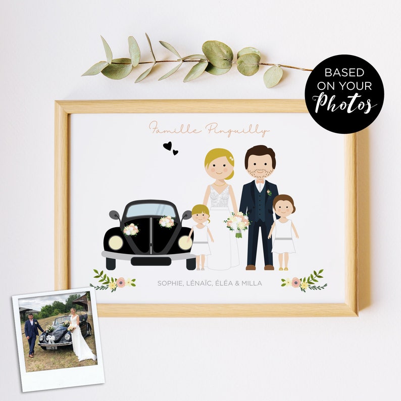 May include: A digital illustration of a family of five, including a couple, a girl, and two younger girls, standing in front of a black Volkswagen Beetle. The family is dressed in wedding attire, and the car is decorated with flowers. The text "Famille Pinguiily" is at the top of the illustration, and the names "Sophie, Lenaic, Elea & Milla" are at the bottom.
