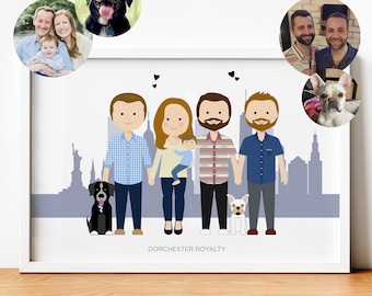 Personalized family portrait as a gift idea for Christmas, illustrated family painting