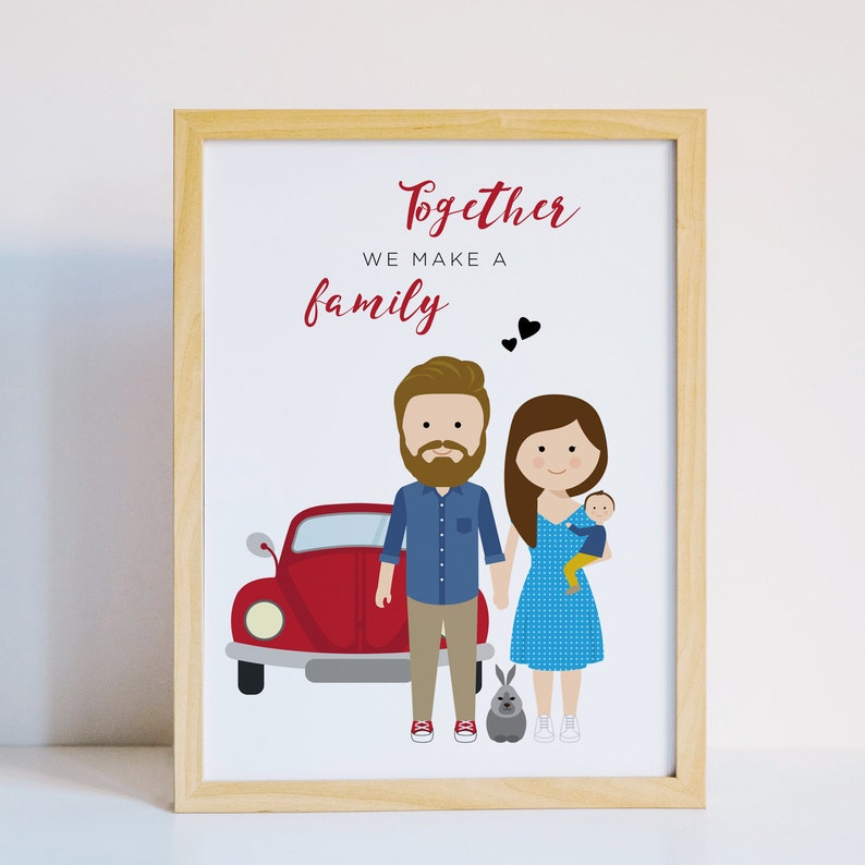 May include: A framed illustration of a family with a red car, a bunny, and the text "Together we make a family".