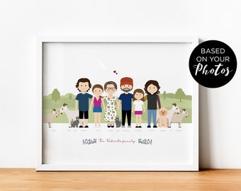 Portrait de famille personnalisé avec animaux. Le cadeau pesonnalisé parfait pour les grands parents, mamie et papie.