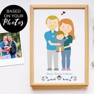 May include: A custom illustrated portrait of a family of three. The illustration is in a cartoon style and features a man, a woman, and a child. The man is wearing a blue shirt and gray pants. The woman is wearing a teal shirt and blue jeans. The child is wearing a striped shirt and brown pants. The family is standing together with the child being held by the woman. The illustration is framed in a light wood frame. The names "Sakann, Sakanna & Clement" are written below the illustration.