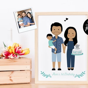May include: A personalized illustration of a family of three, a man, a woman, and a young boy, with the text "Avir's 1st Birthday" at the bottom. The illustration is based on photos and features the family in a cartoon style.
