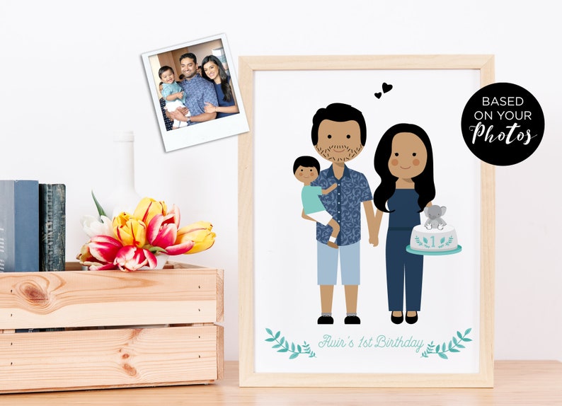 May include: A personalized illustration of a family of three, a man, a woman, and a young boy, with the text "Avir's 1st Birthday" at the bottom. The illustration is based on photos and features the family in a cartoon style.