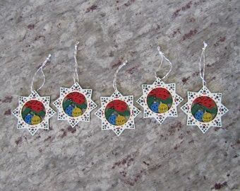 Bells and Stars Hand Painted Snowflake Christmas Ornaments, Colorful Dots Ornament - Set of 5