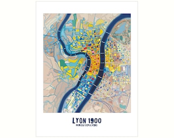 Lyon city poster, Lyon map, Poster, Art, Print, Map, Impression, Deco, City