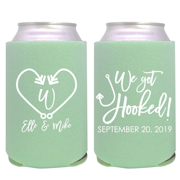 custom can cooler / wedding favor / personalized wedding favors / wedding can coolie / we got hooked / two less fish / fish hooks heart