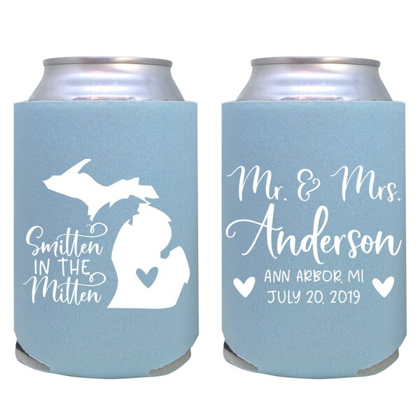 personalized can coolers / michigan wedding custom can cooler / smitten in the mitten / custom favors / home state engaged wedding / mr mrs