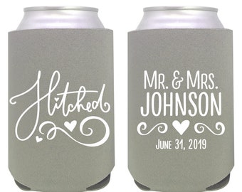 custom can cooler / wedding favor / custom can cooler / custom wedding favors / wedding can coolie / hitched / just married / reception