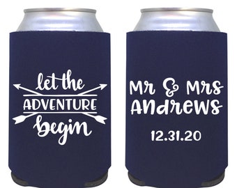 custom wedding can cooler / wedding favor / custom can cooler / let the adventure begin / wedding custom drink / beer drink sleeve / favors