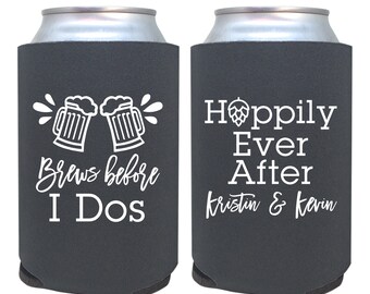 custom can cooler / engagement party favor / personalized wedding favors / brews before i dos / hoppily ever after / engaged / beer hops