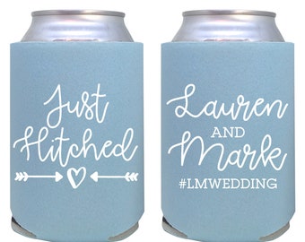 custom can cooler / wedding favor / custom can cooler / custom wedding favors / wedding can coolie / just hitched / beer huggie / rustic