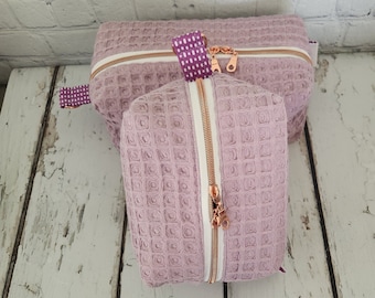 Zippered Travel Makeup and storage Bag, Pouch, purple waffle weave fabric, fully lined, gift for her