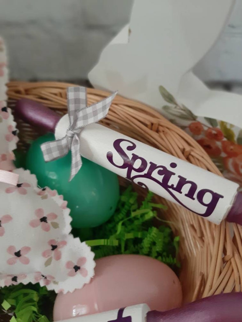 Farmhouse Small Rolling Pin for Spring and Easter Holiday home decor and tiered tray decor purple and white