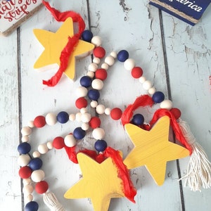 4th of July Wood Bead Garland in Red, White and Blue for Tiered Tray Patriotic, Summer and Fourth of July Holiday Decorating and room decor