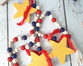 4th of July Wood Bead Garland in Red, White and Blue for Tiered Tray Patriotic, Summer and Fourth of July Holiday Decorating and room decor