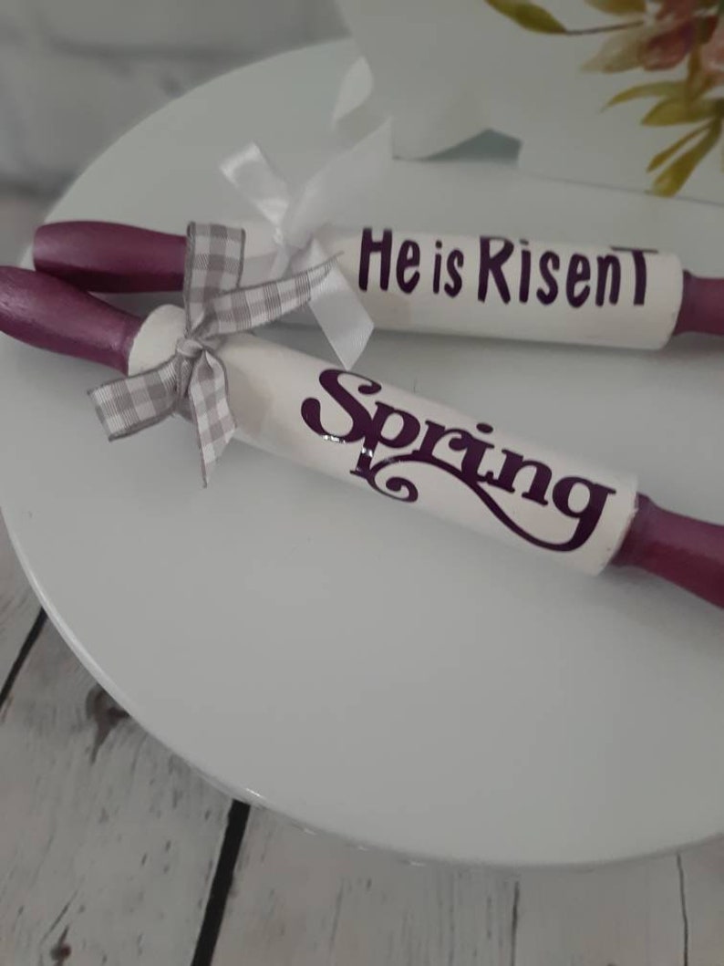 Farmhouse Small Rolling Pin for Spring and Easter Holiday home decor and tiered tray decor purple and white