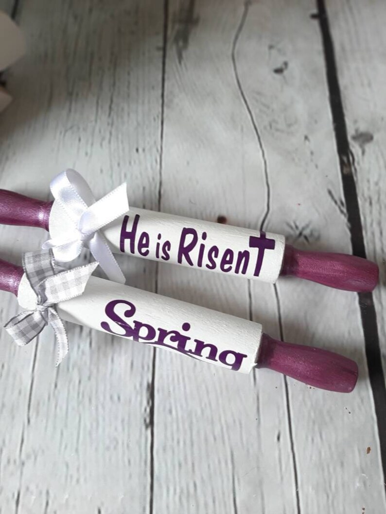 Farmhouse Small Rolling Pin for Spring and Easter Holiday home decor and tiered tray decor purple and white