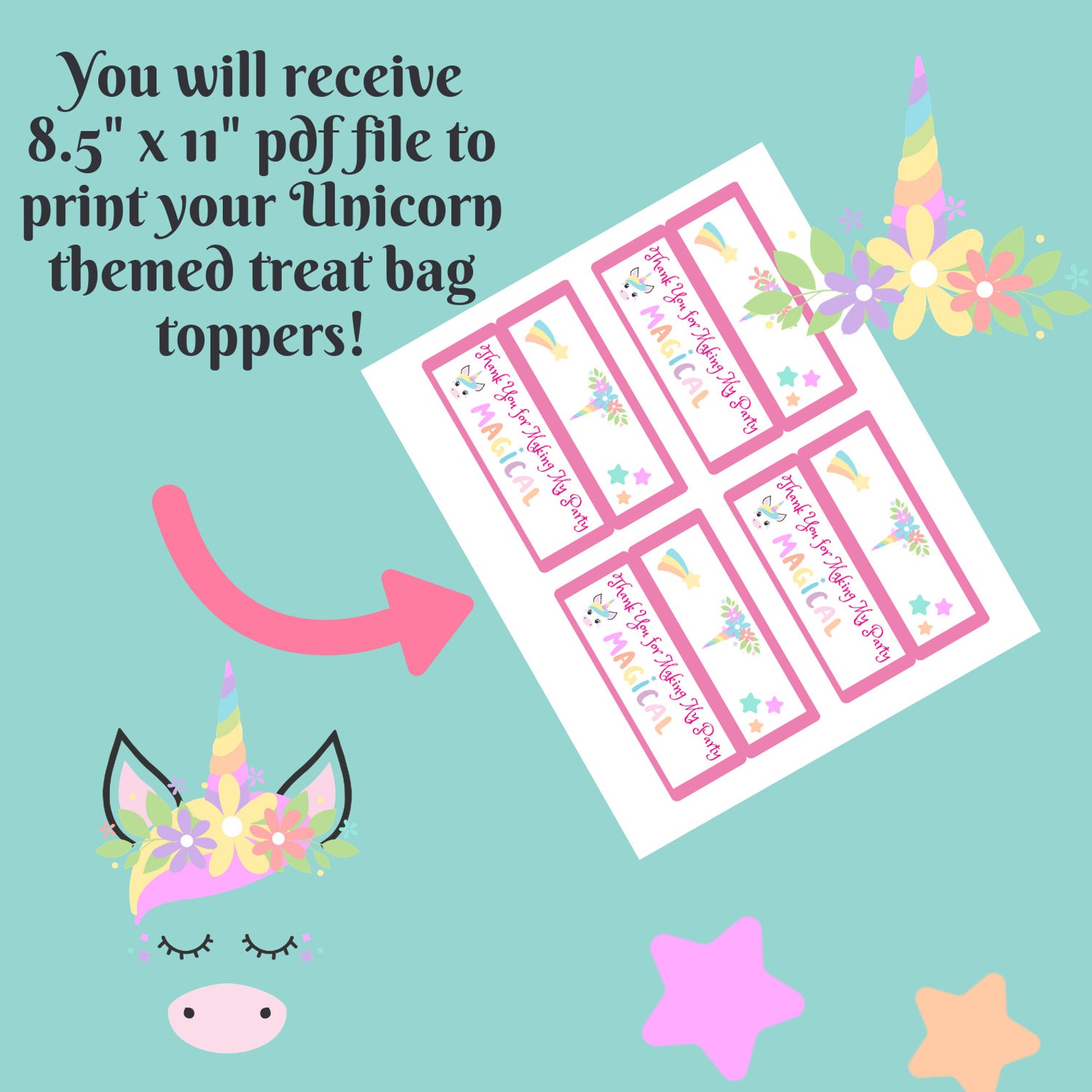 Printable Unicorn Party Bag Topper Instant Download Thank - Etsy