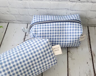 Zippered Travel Makeup and storage Bag, Pouch, blue gingham fabric, fully lined, gift for her