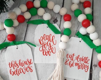 Christmas Farmhouse Wood Bead Garland with tag for Christmas and Holiday room decor in red and green theme