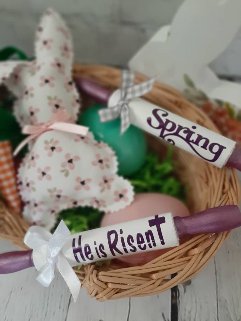Farmhouse Small Rolling Pin for Spring and Easter Holiday home decor and tiered tray decor purple and white