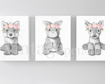 Woodland Baby Animals Girl Print Set of 3, Girls Nursery, Printable Nursery Wall Art Decor, Instant Digital Download, Kids Room Playroom Art