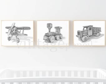 Planes Trains and Automobiles, Boy Nursery, Boys Art, Boys Room, Plane, Train, Truck, Airplane Print, Train Print, Truck Print, Wood Toys