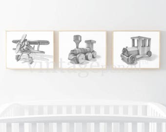 Planes Trains and Automobiles, Boy Nursery, Boys Art, Boy Prints, Black and White, Wood Toys,The Places You'll Go,Transportation Art