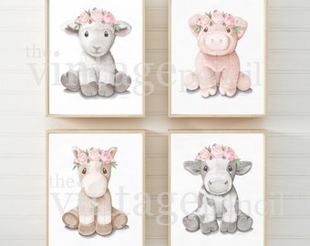 Farm Animal Girl Nursery Wall Art Decor, Farm Nursery Prints, Pink Floral, Baby Wall Art, Printable Nursery Art, Farm Animals, Nursery Decor