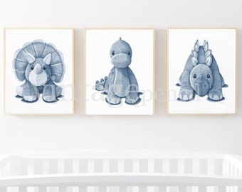 Blue Dinosaur Wall Art, Dinosaur Art Prints, Navy Dinosaur Decor, Boys Room Decor, Set of Dinosaur Prints, Dinosaur Drawings, Boy Wall Art