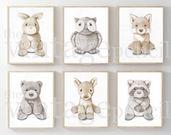Woodland Baby Animals Print Set of 6, Monochrome Nursery, Printable Nursery Wall Art Decor, Instant Digital Download, Kids Room Playroom Art