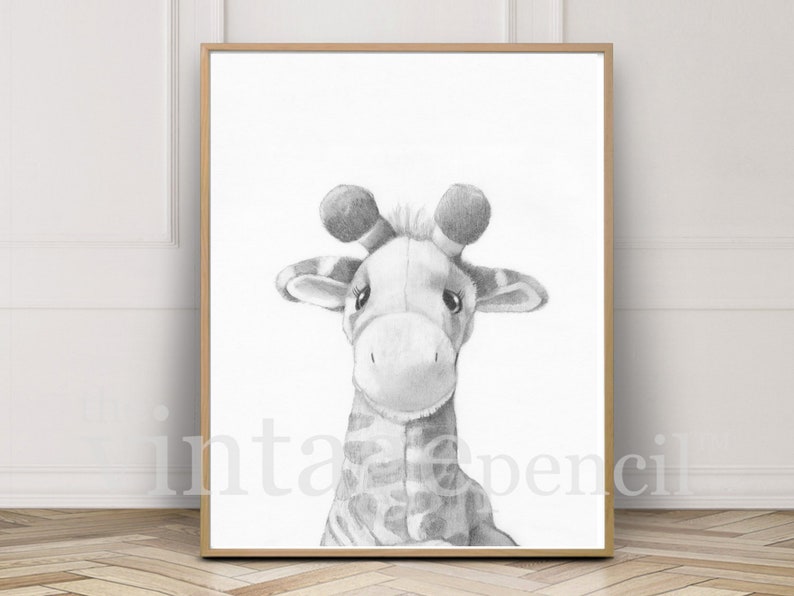 May include: A black and white pencil drawing of a giraffe's head and neck. The giraffe is looking to the right of the image.