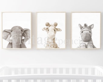 Impresiones de animales de bebé, impresión de vivero, vivero Safari, impresiones de animales para vivero, vivero de animales del zoológico, zoo animal impresión, arte de Safari, vivero gris