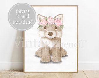 Wald Kindergarten Baby Tier Drucke, rosa Blumen Mädchen Kinderzimmer Wand Kunst Dekor, Wald Kindergarten, Fuchs Wandkunst, Kinderzimmer Dekor, Fuchs, Wald Fuchs