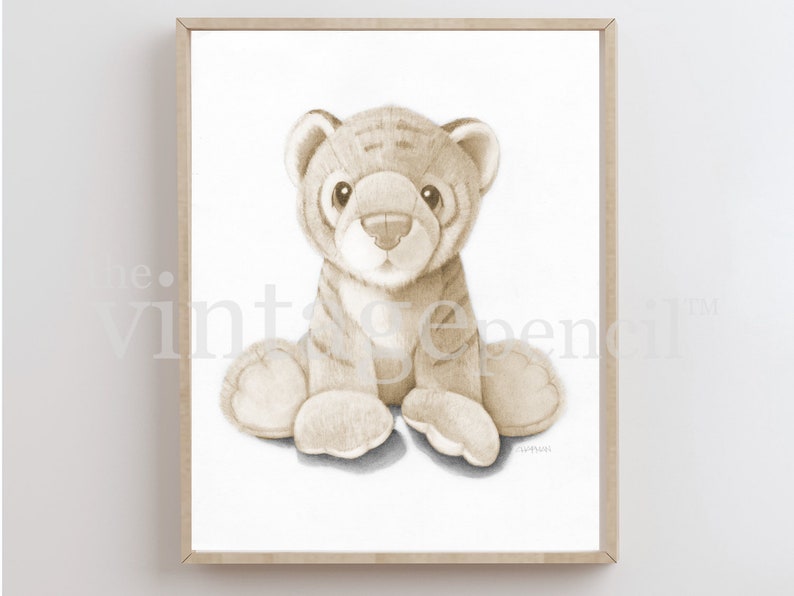 May include: A sepia toned illustration of a plush tiger cub sitting with its paws crossed. The tiger has a sweet expression and is looking directly at the viewer.