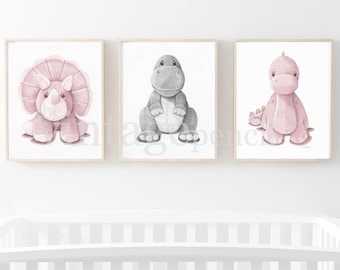 Prehistoric Animals, Girls Wall Art Set, Set of Three, Girl Nursery Art, Dinosaur Prints, Printable Dinosaur, Digital Dinosaurs, Girls Art