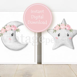 Moon and Stars Nursery, Girls Room decor, Moon and Star Prints, Girl Nursery Set, Pink Nursery Decor, Moon and Star Girls Room Decor, Floral