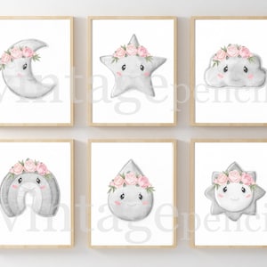 Moon and Stars Nursery, Pink Rainbow, Sun and Rainbow Prints, Girl Nursery Set, Pink Nursery Decor, Moon and Star Girls Room Decor, Floral