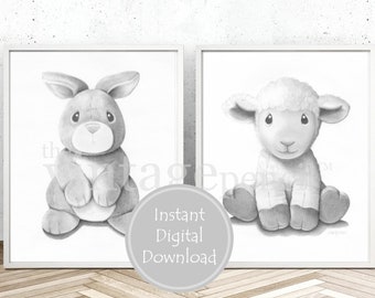 Bunny and Lamb Nursery, Children Art, Rabbit and Lamb Art, Baby Shower Gift, Nursery Decor Printable, Baby Girl, Baby Gift,Baby Animal Print