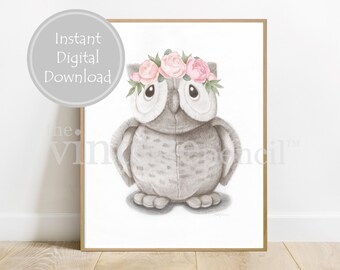Pink Girl Nursery Decor, Woodland Animal Print, Woodland Nursery, Forest Animal, Owl Print, Owl Art, Owl Printable, Owl Nursery,Owl Wall Art