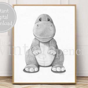 Puede incluir: Un dibujo a l&aacute;piz en blanco y negro de un dinosaurio de peluche gris sentado con los brazos cruzados. El dinosaurio tiene una expresi&oacute;n triste en su rostro.