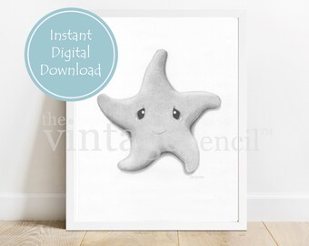 May include: A black and white pencil drawing of a cartoon starfish with a smiling face. The starfish is drawn in a simple, childlike style.
