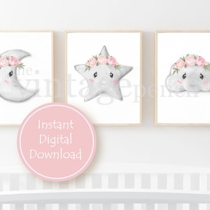 Moon and Stars Nursery, Girls Room decor, Moon and Star Prints, Girl Nursery Set, Pink Nursery Decor, Moon and Star Girls Room Decor, Floral