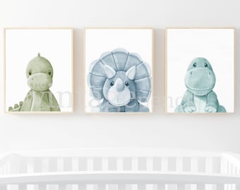 May include: Three watercolor illustrations of plush dinosaurs in a nursery setting. The dinosaurs are a green dinosaur, a blue triceratops, and a teal dinosaur.