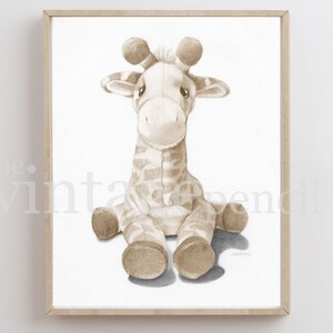 May include: A sepia toned drawing of a stuffed giraffe sitting with its legs crossed. The giraffe has a sweet expression on its face.