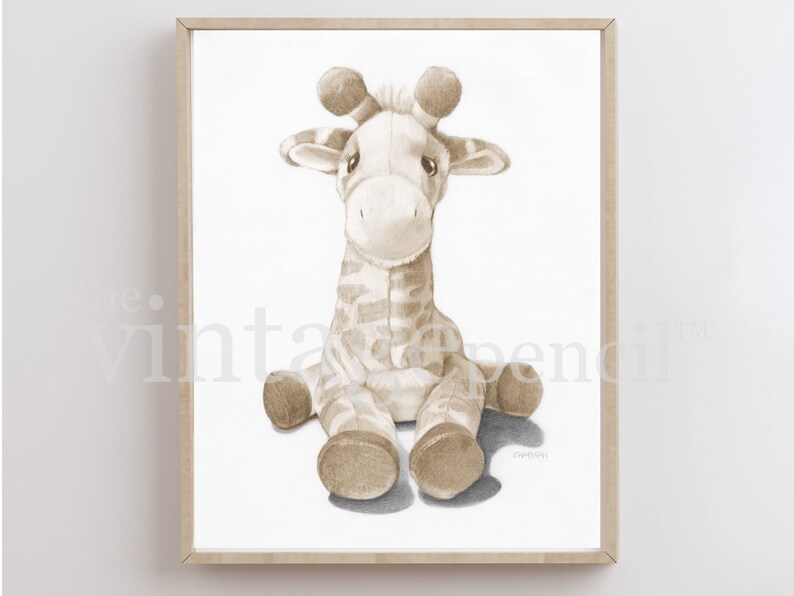 May include: A sepia toned drawing of a stuffed giraffe sitting with its legs crossed. The giraffe has a sweet expression on its face.