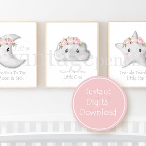 Celestial Nursery, Pink Girls Room decor, Moon and Star Prints, Girl Nursery Set, Pink Nursery Decor, Moon and Star Girls Room Decor, Floral